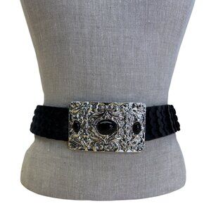 Vintage Silver Buckle Elastic Black Waist Belt With Scalloped Faux Leather Desig